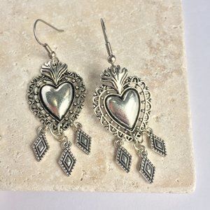 Silver Sacred heart w/ 3 diamond dangles Earrings